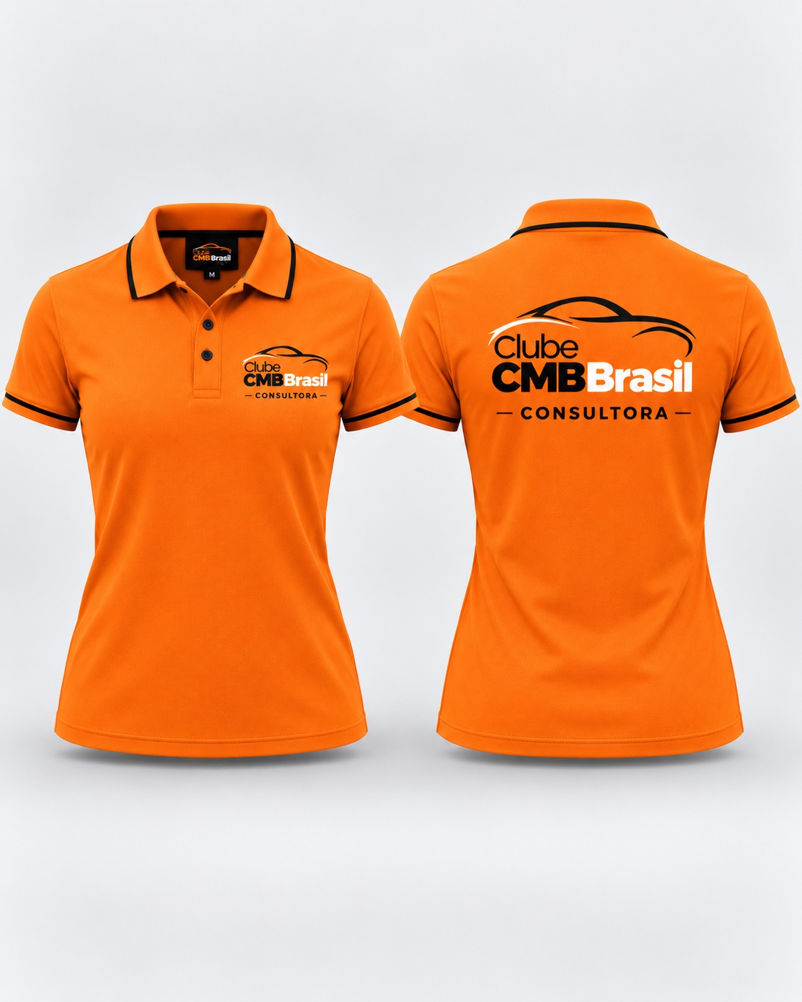 Frente e costas da polo feminina laranja, com detalhes pretos, logo Clube CMB Brasil e identificação Consultora