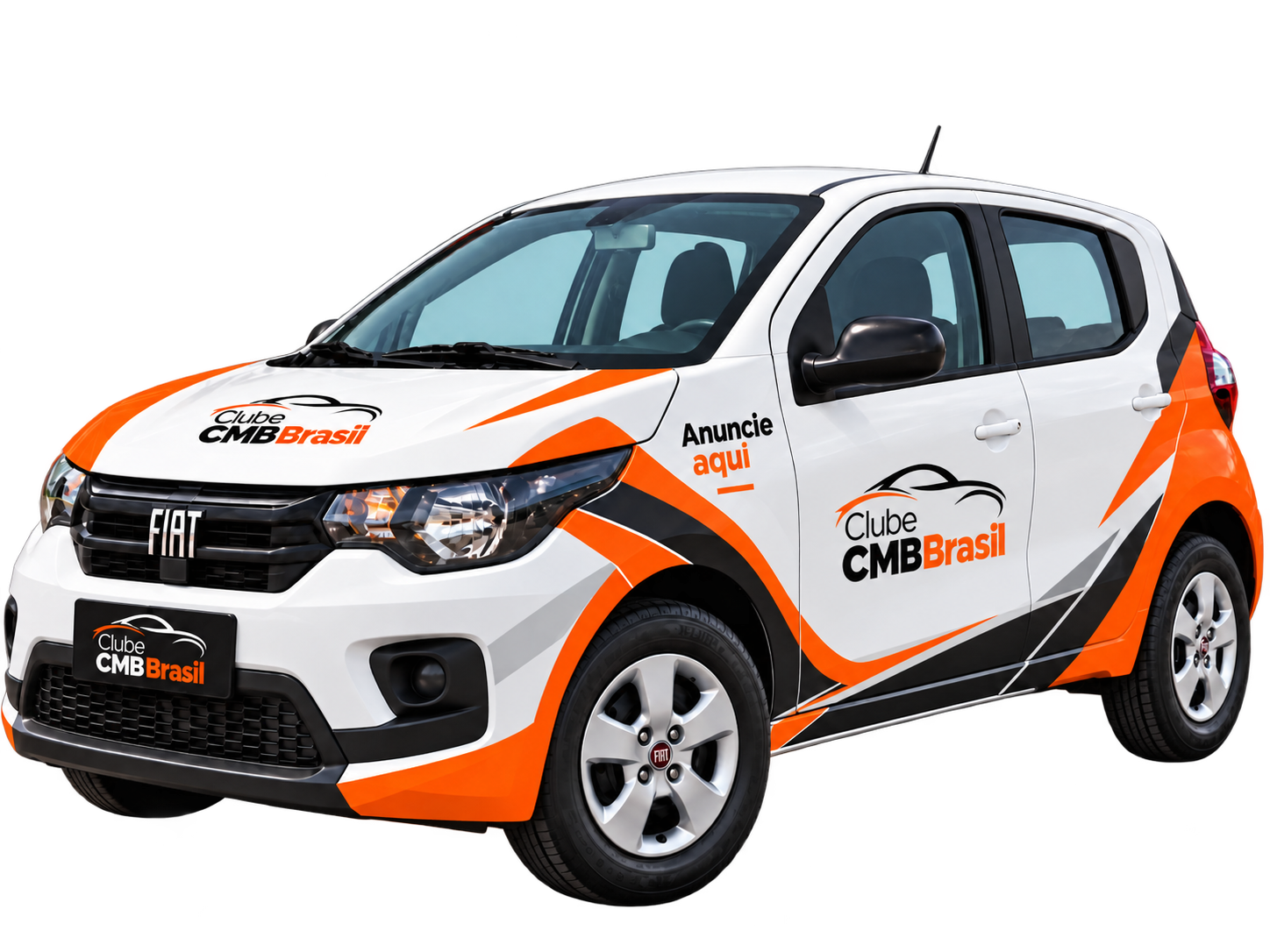 Fiat Mobi branco com adesivagem laranja e preta e logotipos do Clube CMB Brasil